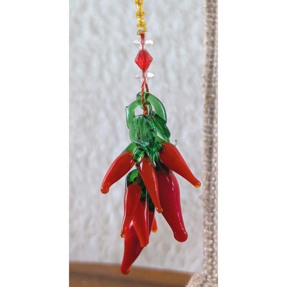 Handmade Glass Chili Pepper Ornament Red Green Blown Glass Cluster Hanging Decor - Picture 2 of 5